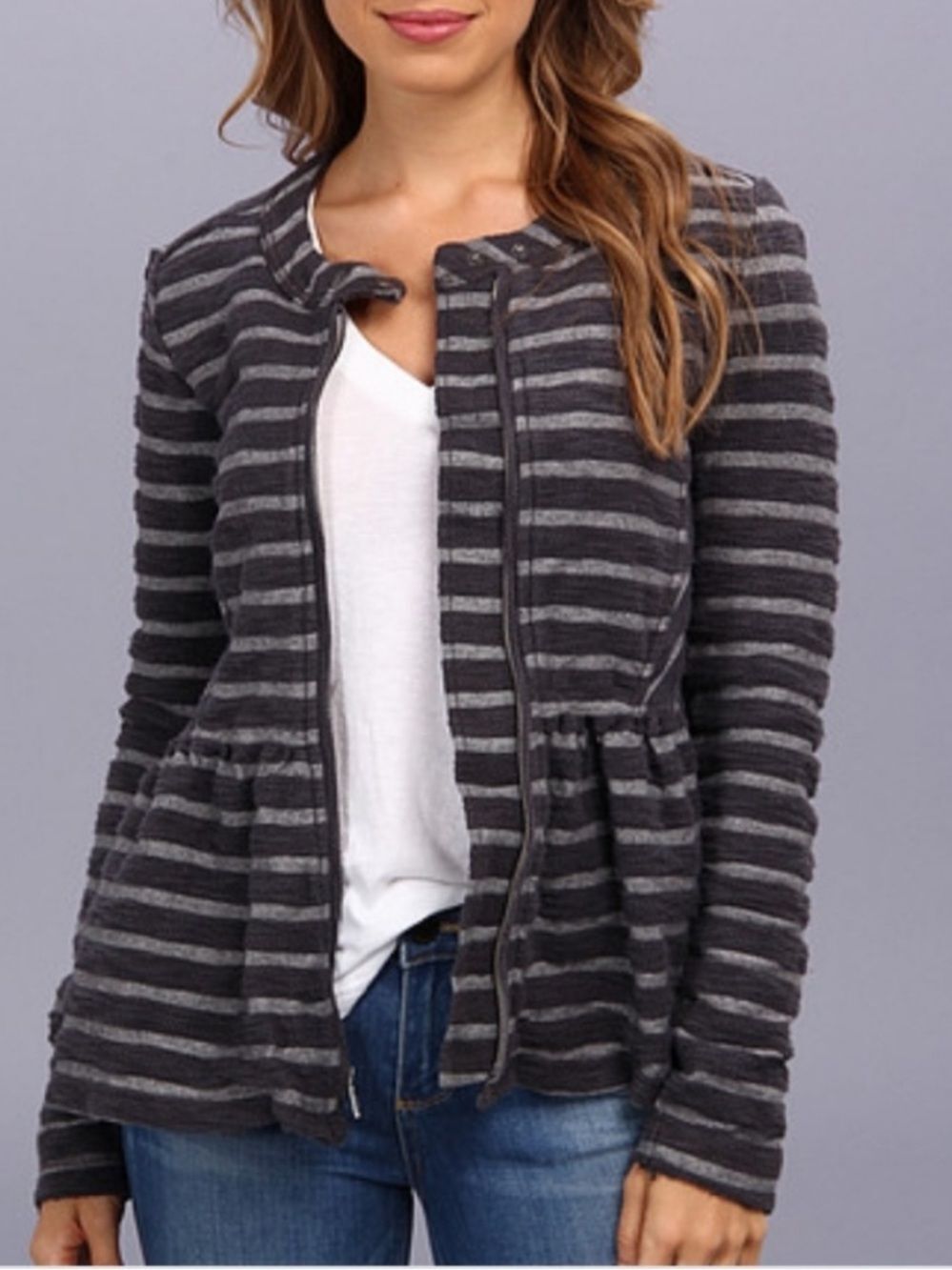 Free People Gray Striped Peplum Knit Moto Jacket Womens Large
